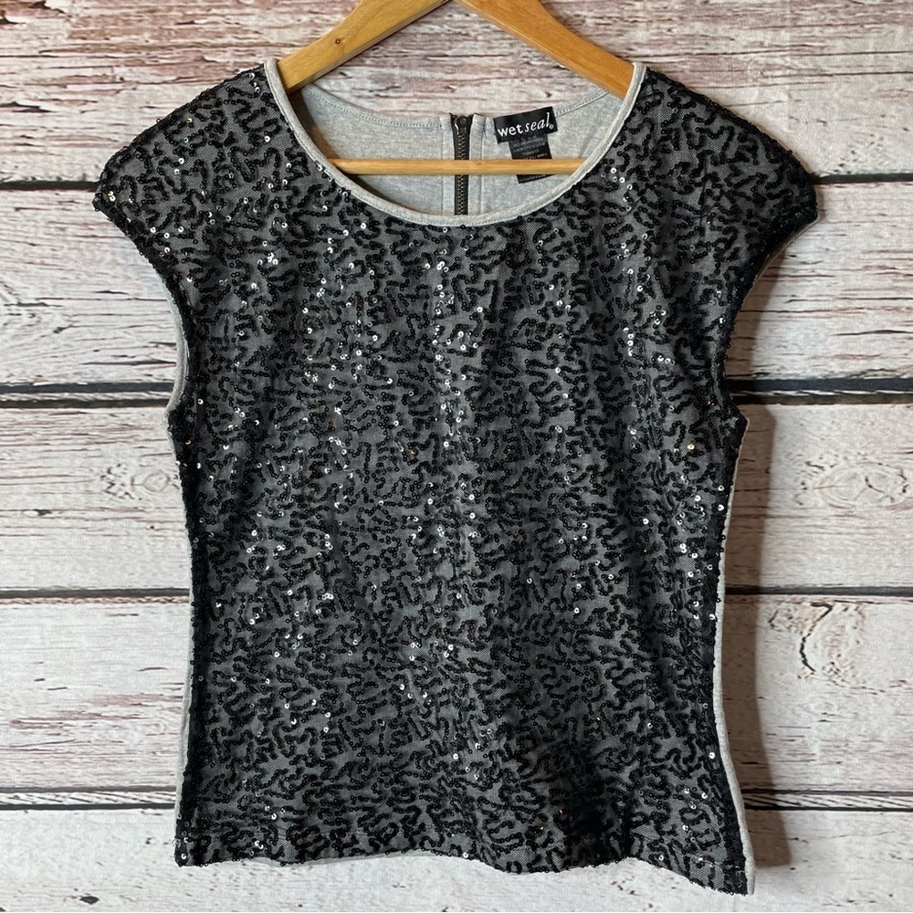 Vintage Y2K Wet Seal Sequin Front Mixed Media Top Size Medium Juniors Black Gray